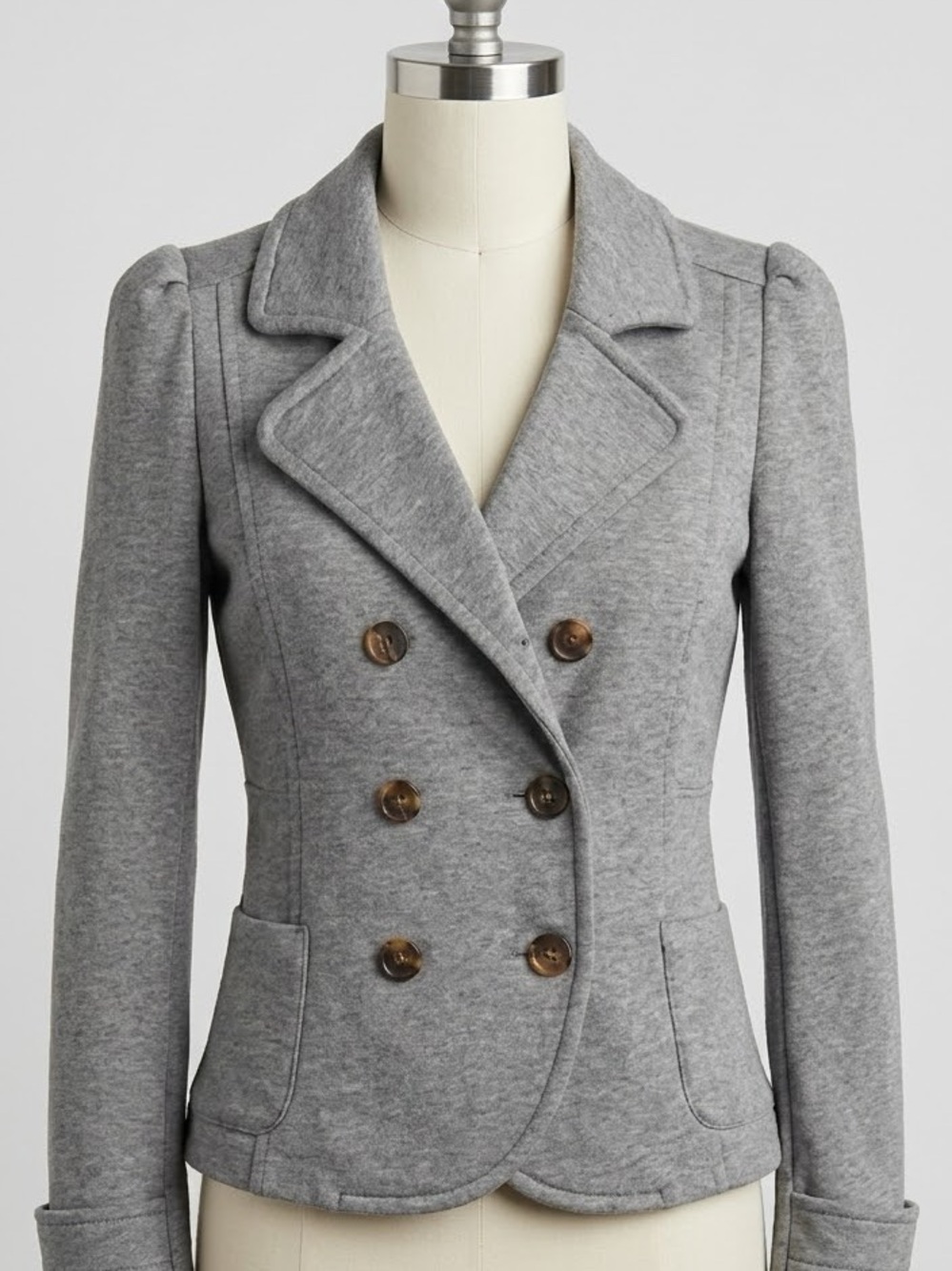 H&M Gray Double Breasted Knit Blazer Jacket Striped Lining Puff Shoulder Sz 6